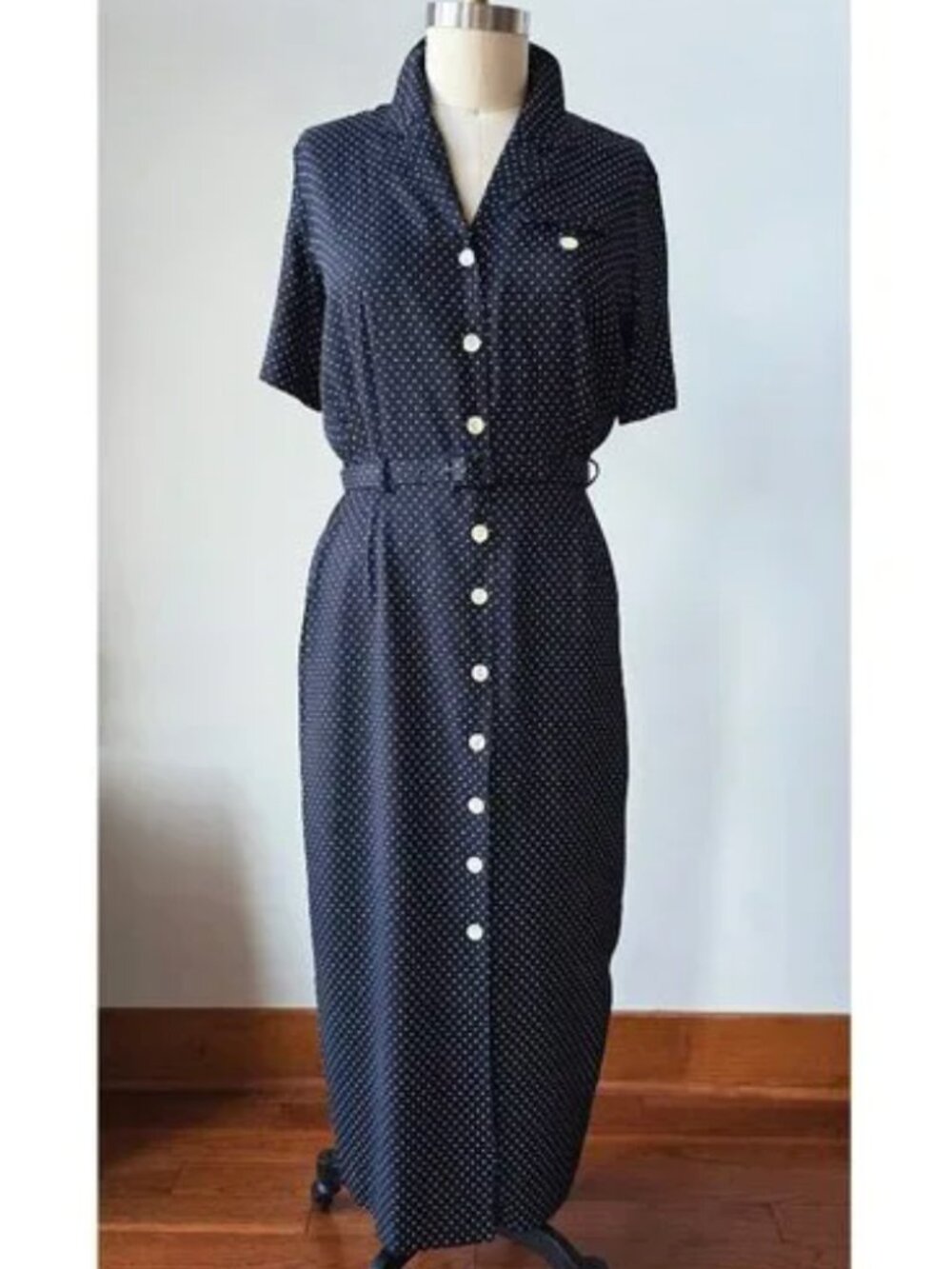 Vintage 90's Howard Wolf Black and White Polka Dot Midi Market Belted Dress 14